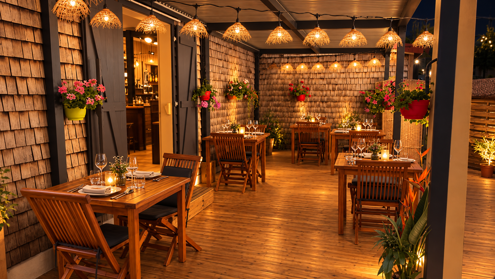 Terrasse en bois de LA KAZ Atipik, tables dressées et suspensions lumineuses le soir