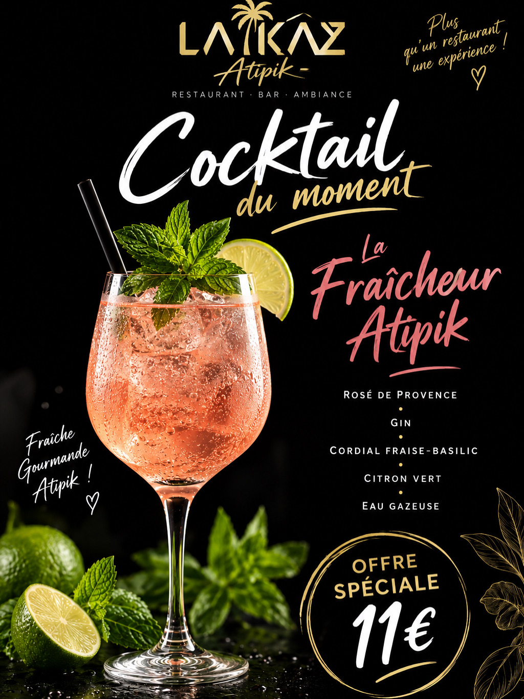 Affiche du cocktail du moment La Fraîcheur Atipik : verre de cocktail rosé pétillant, menthe fraîche et citron vert